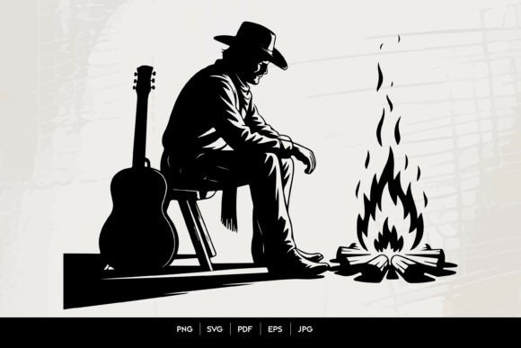 Cowboy Sitting by Campfire Silhouette