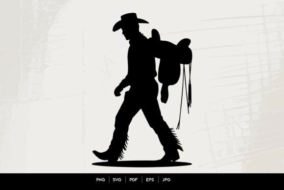 Cowboy Walking with Saddle Silhouette: A Design for Western Charm